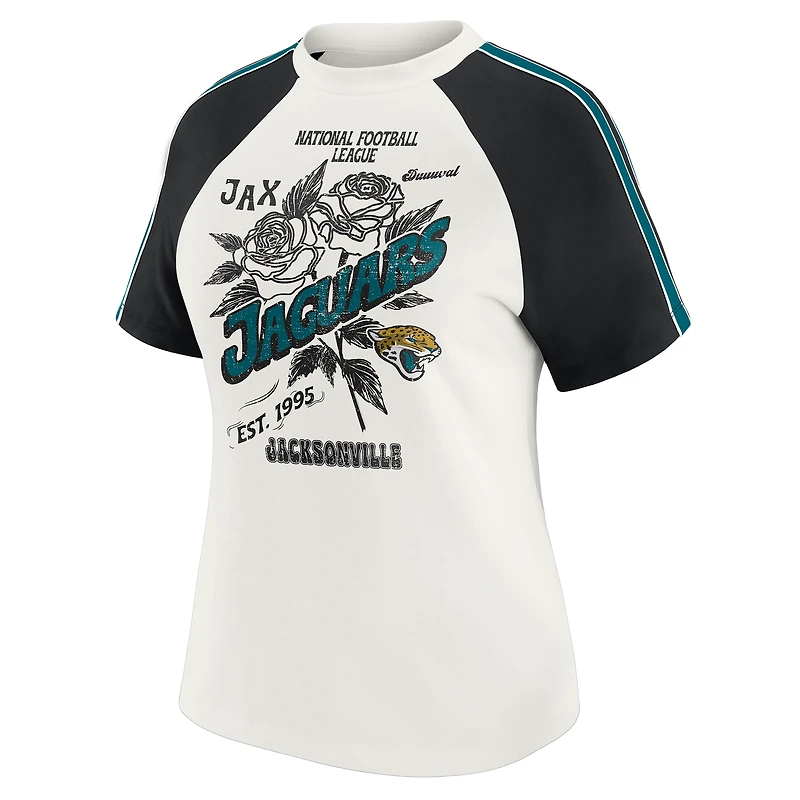 Women's WEAR by Erin Andrews White Jacksonville Jaguars Sleeve Stripe Distressed Raglan T-Shirt