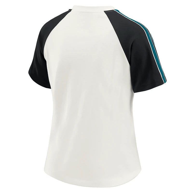 Women's WEAR by Erin Andrews White Jacksonville Jaguars Sleeve Stripe Distressed Raglan T-Shirt
