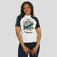 Women's WEAR by Erin Andrews White Jacksonville Jaguars Sleeve Stripe Distressed Raglan T-Shirt