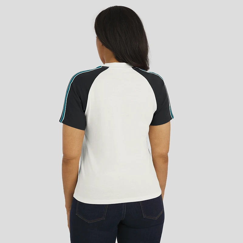 Women's WEAR by Erin Andrews White Jacksonville Jaguars Sleeve Stripe Distressed Raglan T-Shirt