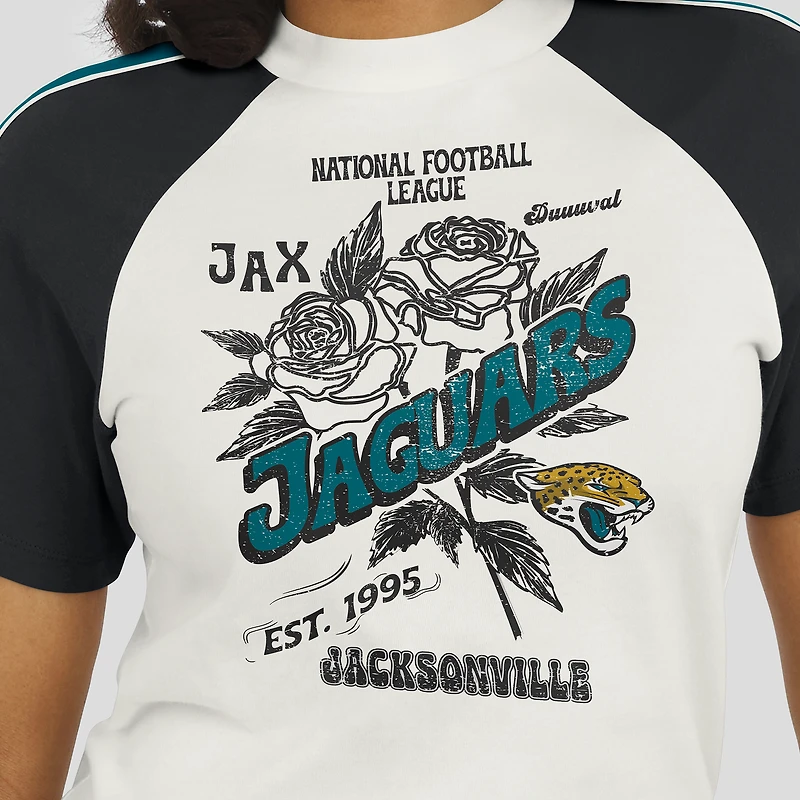 Women's WEAR by Erin Andrews White Jacksonville Jaguars Sleeve Stripe Distressed Raglan T-Shirt