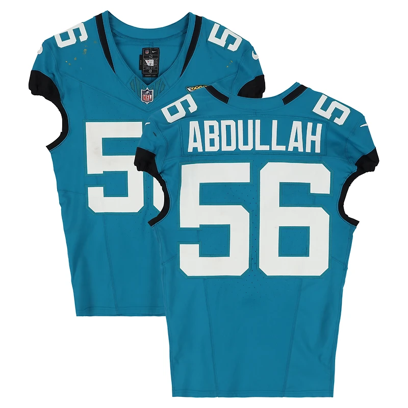 Maillot Nike turquoise n° 56 porté par Yasir Abdullah (Jaguars de Jacksonville) lors du match contre les Chargers de Los Angeles le 16 novembre 2025
