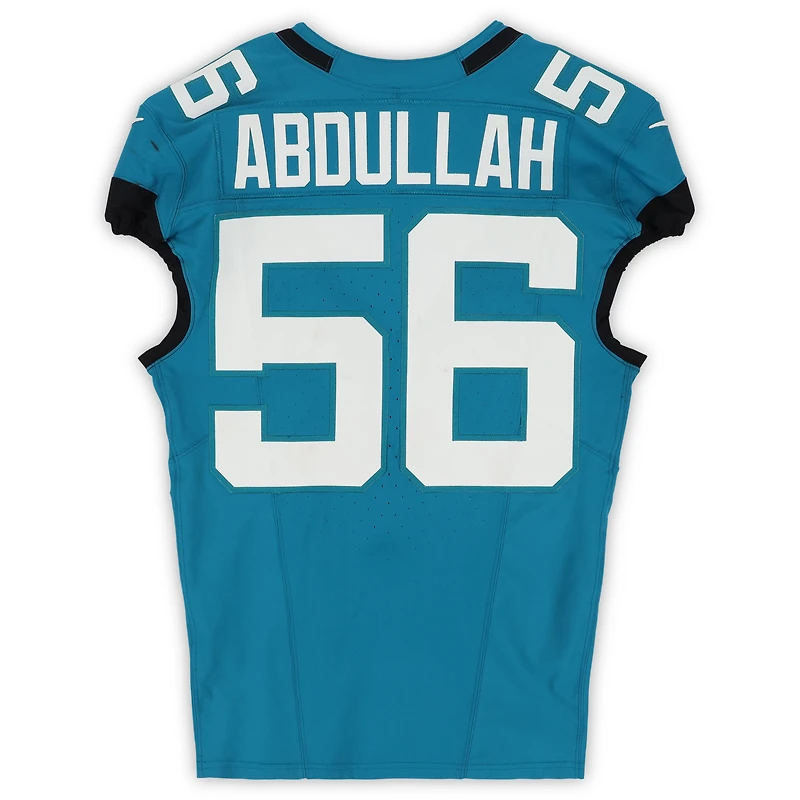 Maillot Nike turquoise n° 56 porté par Yasir Abdullah (Jaguars de Jacksonville) lors du match contre les Chargers de Los Angeles le 16 novembre 2025