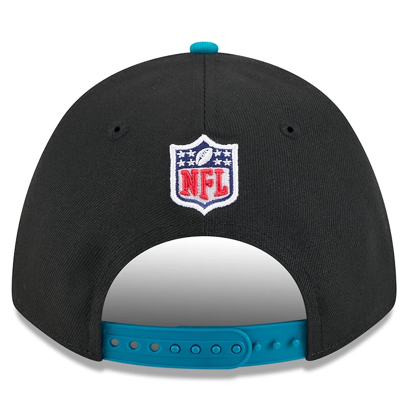 Casquette ajustable New Era 9FORTY A-Frame M-Crown noire/bleu sarcelle pour jeunes des Jaguars de Jacksonville, draft NFL 2025
