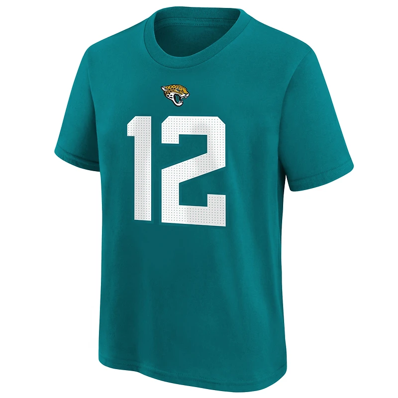 Youth Nike Travis Hunter Teal Jacksonville Jaguars 2025 NFL Draft First Round Pick Name & Number T-Shirt