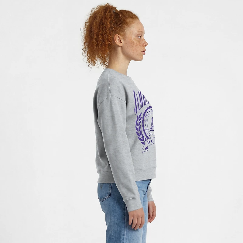 Sweat-shirt à col rond Powerblend gris chiné pour femme, modèle James Madison Dukes Academic Crest, de la marque Champion.