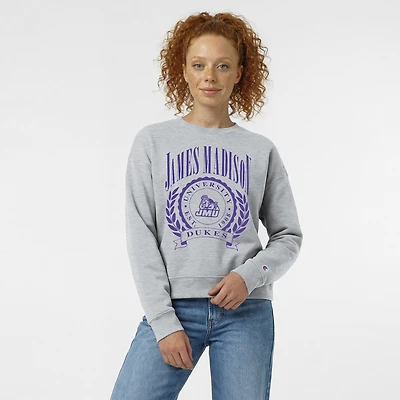 Sweat-shirt à col rond Powerblend gris chiné pour femme, modèle James Madison Dukes Academic Crest, de la marque Champion.