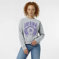 Sweat-shirt à col rond Powerblend gris chiné pour femme, modèle James Madison Dukes Academic Crest, de la marque Champion.