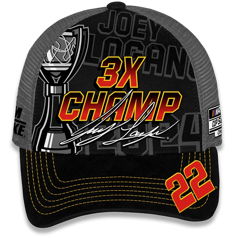Casquette ajustable pour homme avec drapeau à damier et trophée de champion de la NASCAR Cup Series 2024 Joey Logano noire