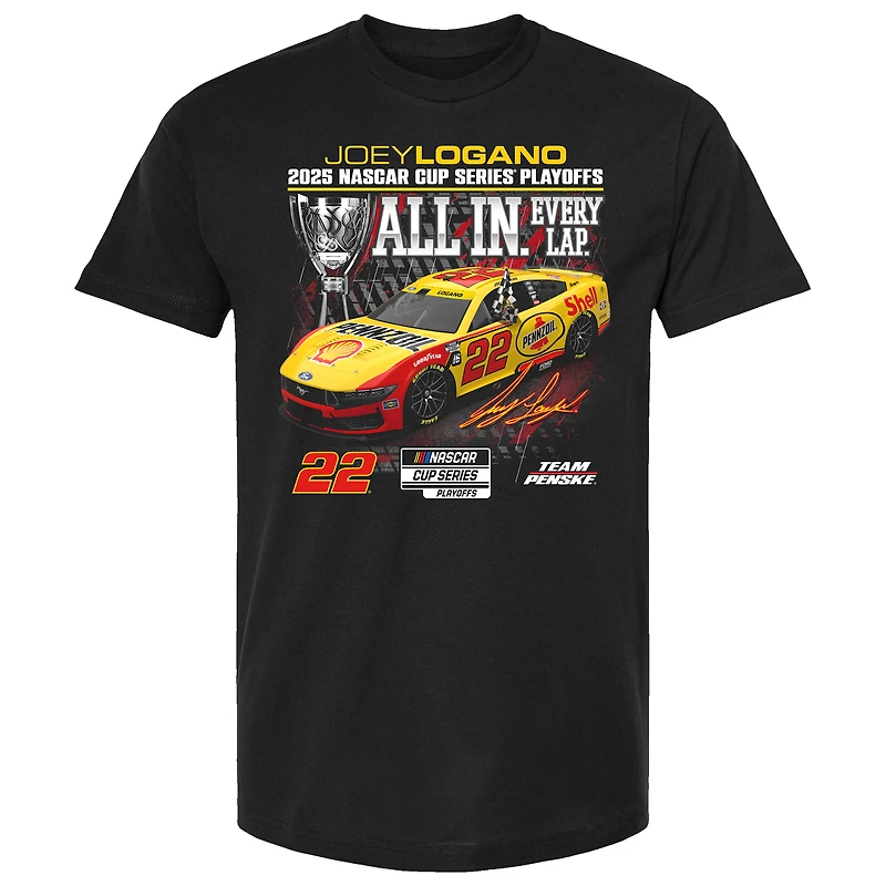 T-shirt noir à damier pour homme Joey Logano, Series éliminatoires NASCAR Cup 2025, Shell Pennzoil All