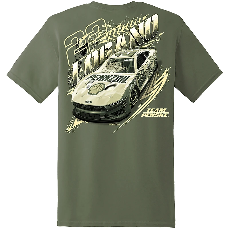 T-shirt de voiture militaire Joey Logano vert l'équipe Penske pour hommes