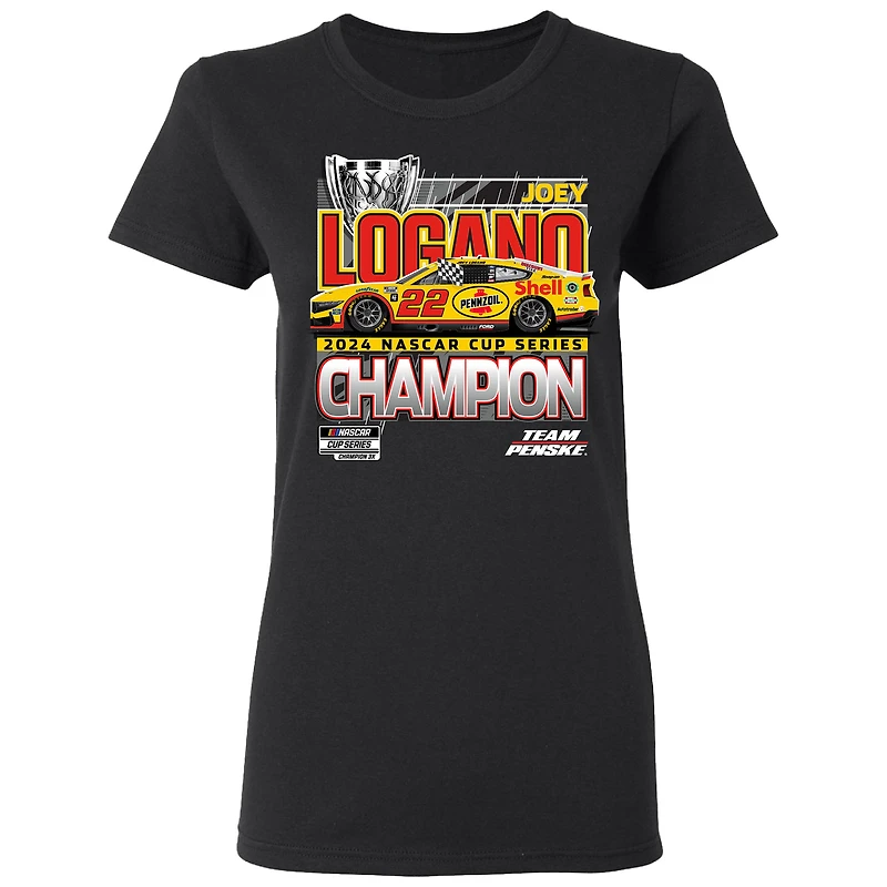 T-shirt noir de l'équipe Penske pour femmes, champion la NASCAR Cup Series 2024 Joey Logano
