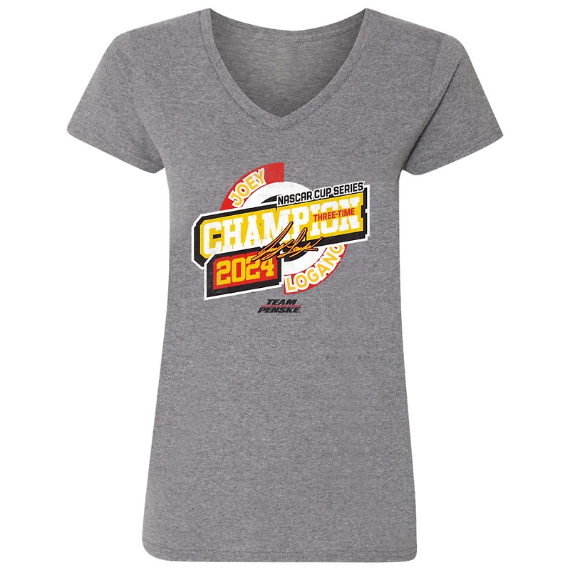 T-shirt à col en V de l'équipe Penske Heather Charcoal pour femmes Joey Logano, triple champion la NASCAR Cup Series