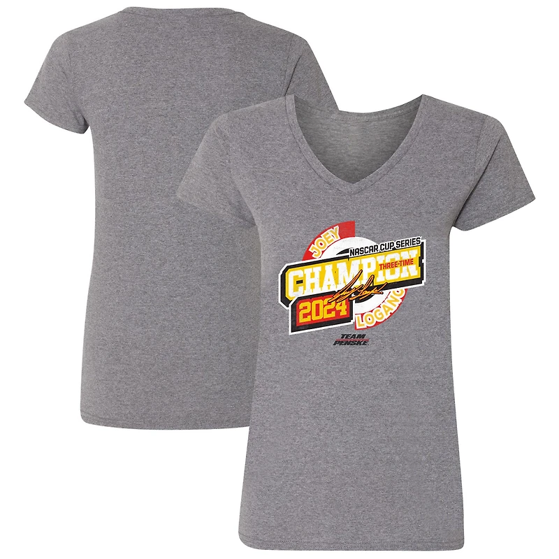 T-shirt à col en V de l'équipe Penske Heather Charcoal pour femmes Joey Logano, triple champion la NASCAR Cup Series