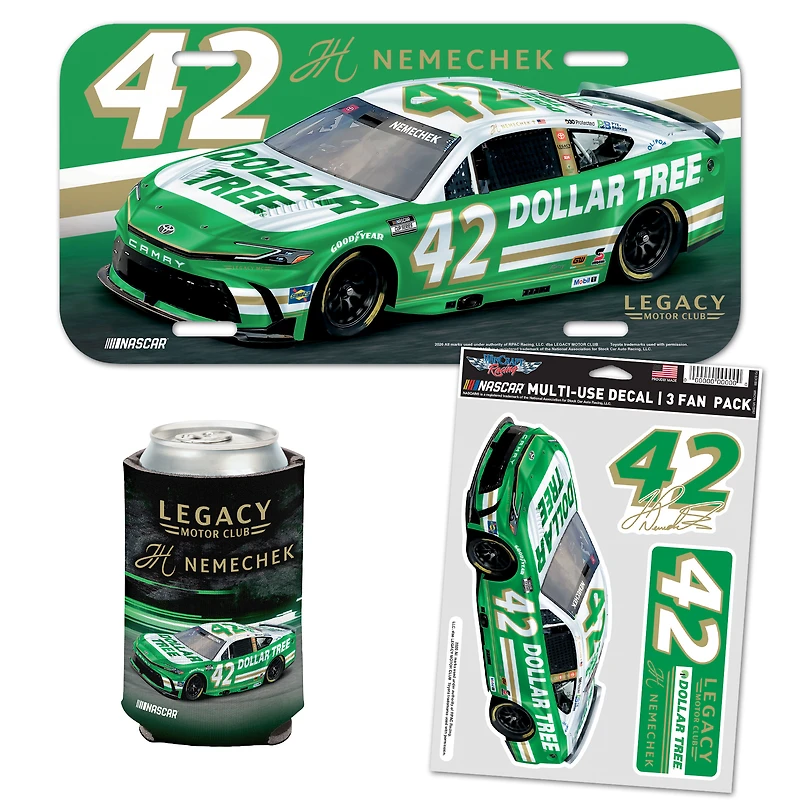 Pack WinCraft John Hunter Nemechek Dollar Tree pour fans, comprenant plaque d'immatriculation, autocollants et refroidisseur de canette.
