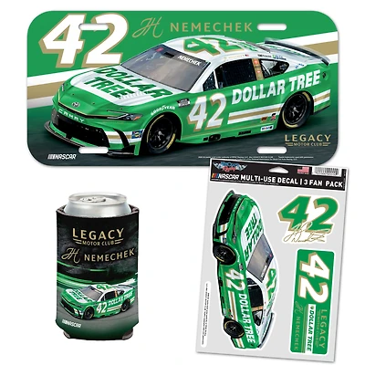 Pack WinCraft John Hunter Nemechek Dollar Tree pour fans, comprenant plaque d'immatriculation, autocollants et refroidisseur de canette.