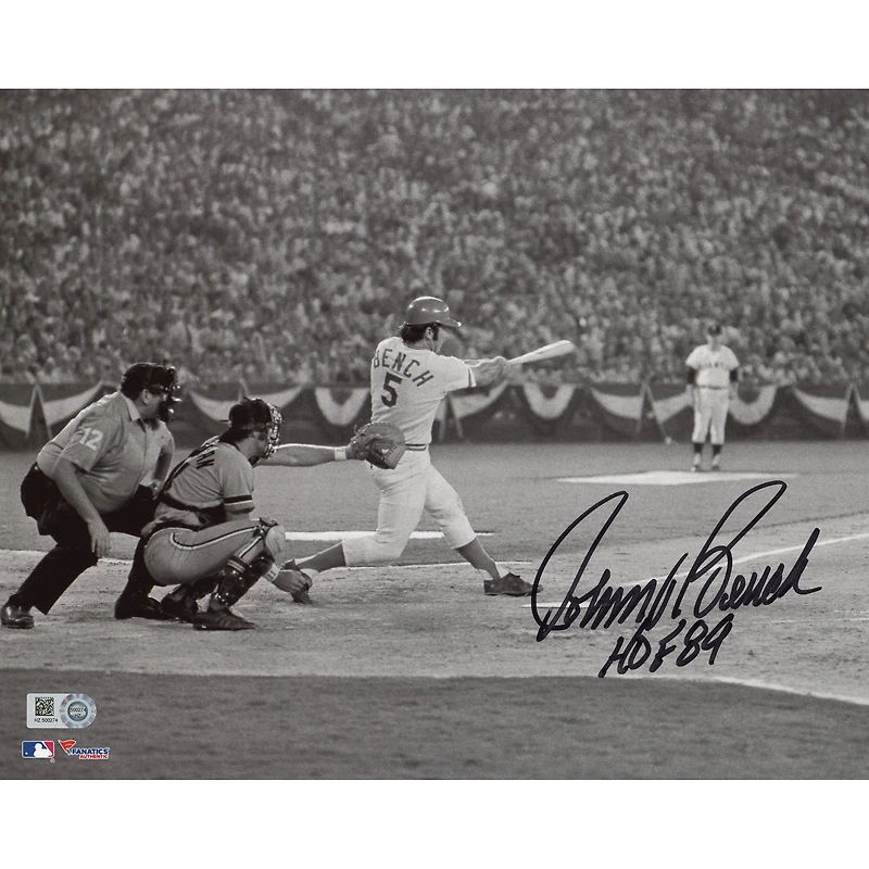 Photographie de frappe en noir et blanc autographiée de Johnny Bench des Reds de Cincinnati 8'' x 10'' avec l'inscription « HOF 89 »