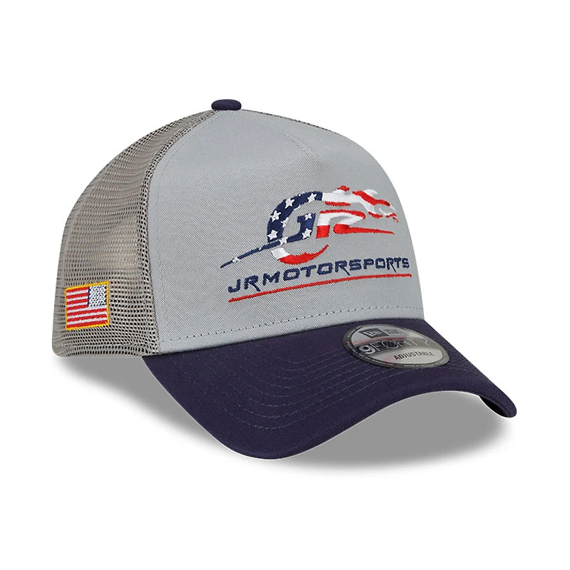 Men's New Era Gray/Navy JR Motorsports 9FORTY A-Frame Trucker Snapback Adjustable Hat