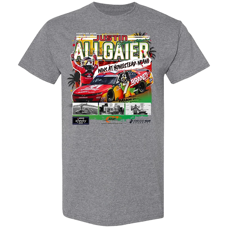 T-shirt Justin Allgaier, vainqueur de la course NASCAR Xfinity Series Hard Rock Bet 300 2025, motif drapeau à damier, anthracite chiné