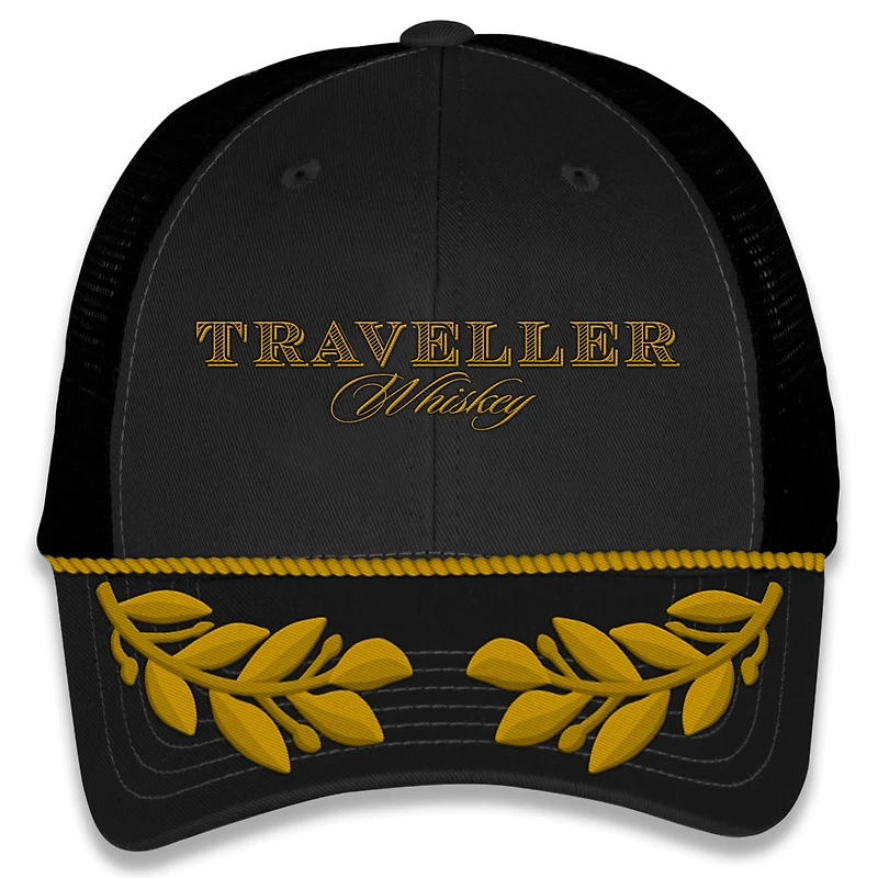 Vêtements officiels de l'équipe JR Motorsports pour hommes Casquette ajustable Justin Allgaier Traveller Whiskey Trucker noire/dorée