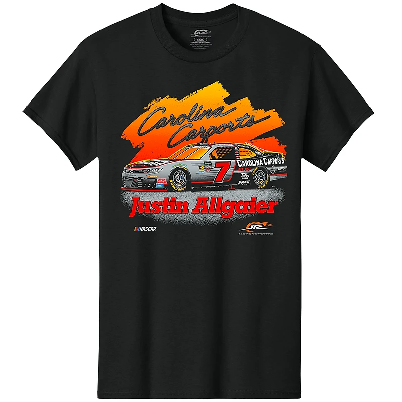T-shirt noir officiel de l'équipe JR Motorsports pour homme, Justin Allgaier, Carolina Carports.