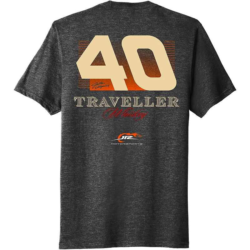 T-shirt officiel de l'équipe JR Motorsports pour homme, noir chiné, motif voiture whisky Justin Allgaier Traveller