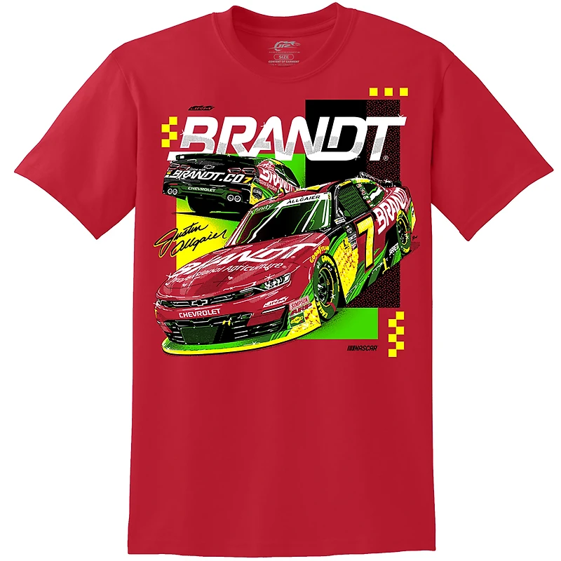 T-shirt officiel de l'équipe JR Motorsports pour homme avec voiture Justin Allgaier Brandt rouge