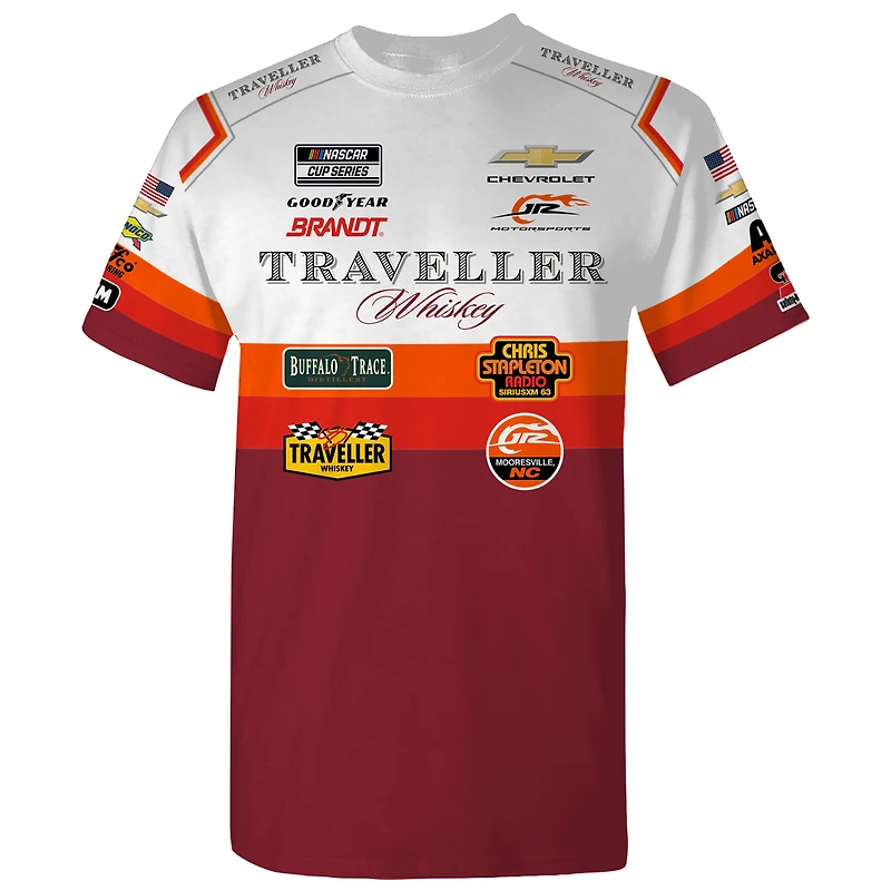 T-shirt blanc Justin Allgaier Traveller Whiskey, uniforme officiel de l'équipe JR Motorsports pour homme