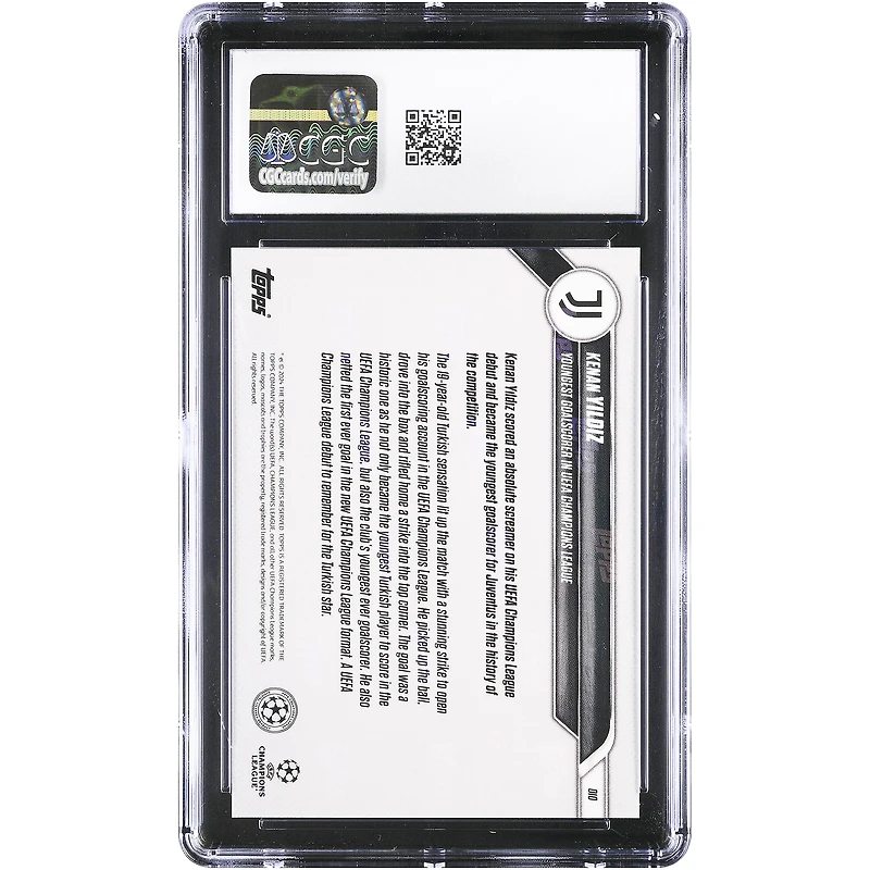 Carte Kenan Yıldız Juventus 2024-25 Topps Now UEFA CC, plus jeune buteur de l'UEFA Champions League, n° 10, authentifiée CGC.
