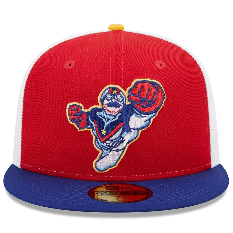 Men's New Era Red/Blue Kannapolis Cannon Ballers Marvel x Minor League 59FIFTY Fitted Hat