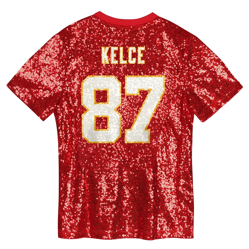 Girls Youth Travis Kelce Red Kansas City Chiefs Sequin V-Neck Fashion Jersey