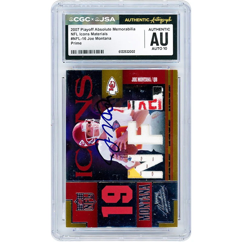 Carte autographiée de Joe Montana (Kansas City Chiefs) pour les séries éliminatoires de 2007. Collection Absolute Memorabilia Prime NFL Icon Materials. Relique de match en trois couleurs (4 couleurs). Numéro #NFL-16 # 11. Authentifiée par Fanatics Witnessed (CGC). Carte n° 10.