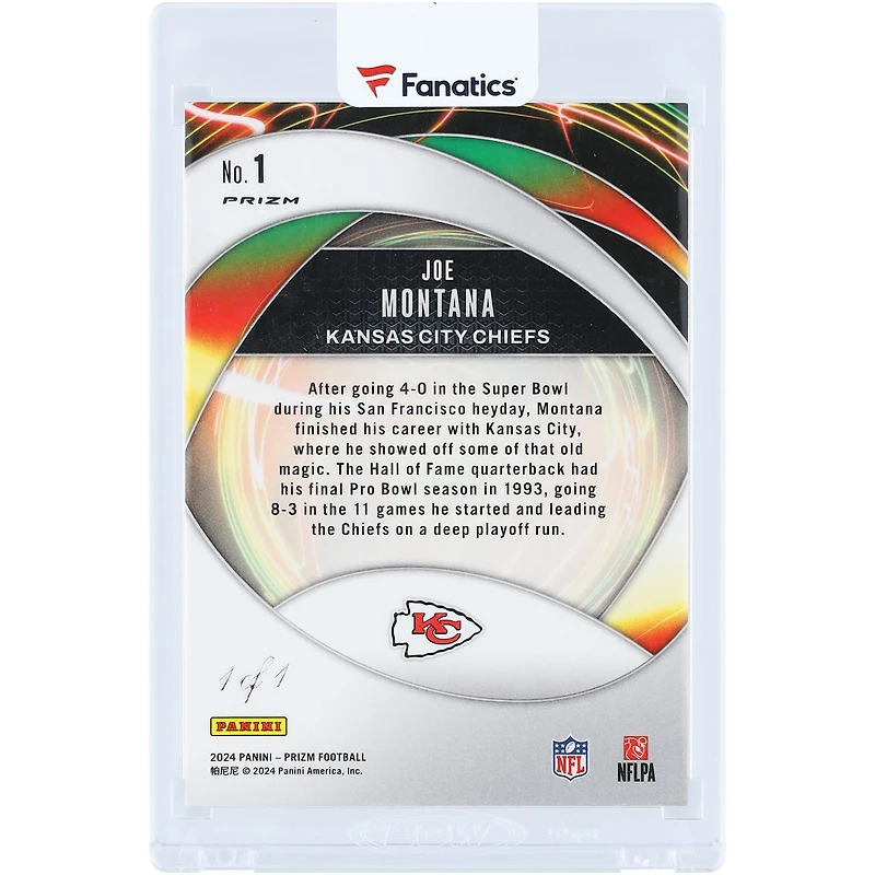 Carte autographiée de Joe Montana (Kansas City Chiefs) Panini Prizm Portals Black Finite 2024, numéro 1 (1/1)