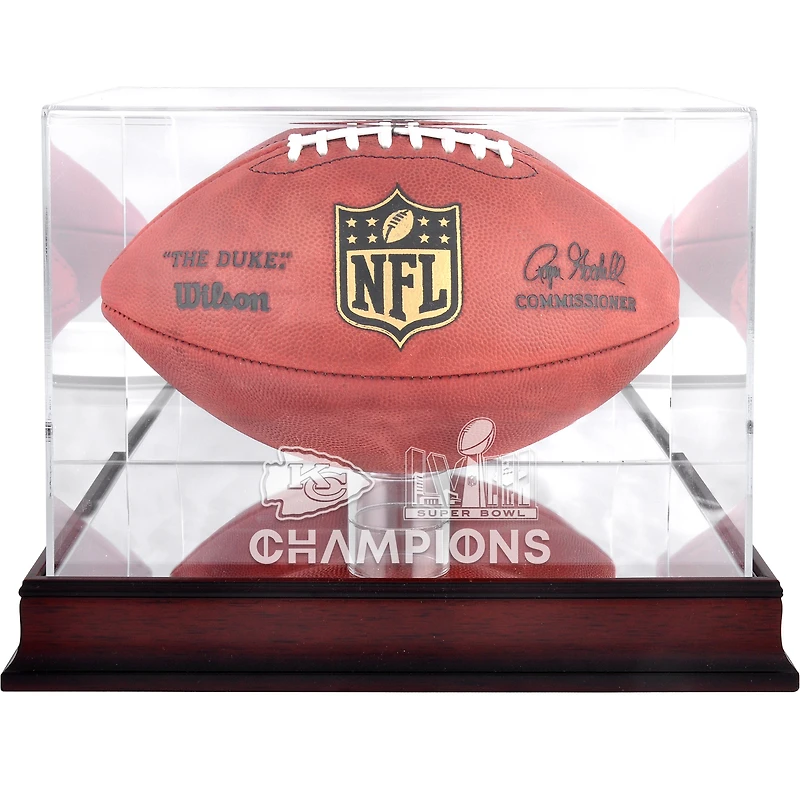 Vitrine de présentation du logo de football en acajou des champions du Super Bowl LVIII des Chiefs de Kansas City