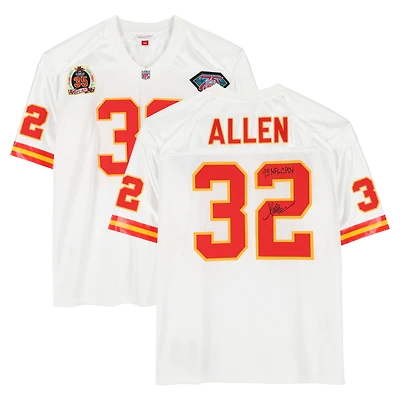 Maillot authentique Mitchell & Ness blanc autographié par Marcus Allen des Kansas City Chiefs de 1994, avec inscription « 93 NFL CPOY ».