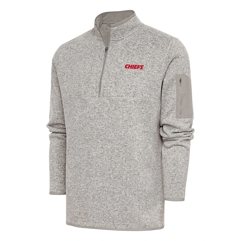 Men's Antigua Oatmeal Kansas City Chiefs Throwback Fortune Quarter-Zip Pullover Jacket