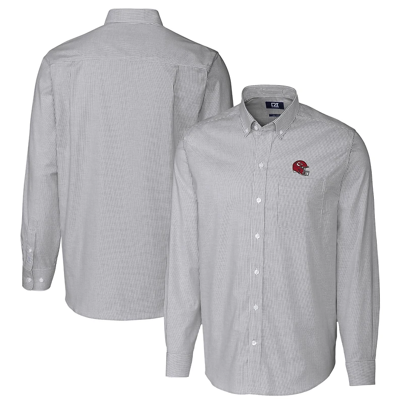 Men's Cutter & Buck  Charcoal Kansas City Chiefs Helmet Stretch Oxford Stripe Long Sleeve Button-Down Shirt