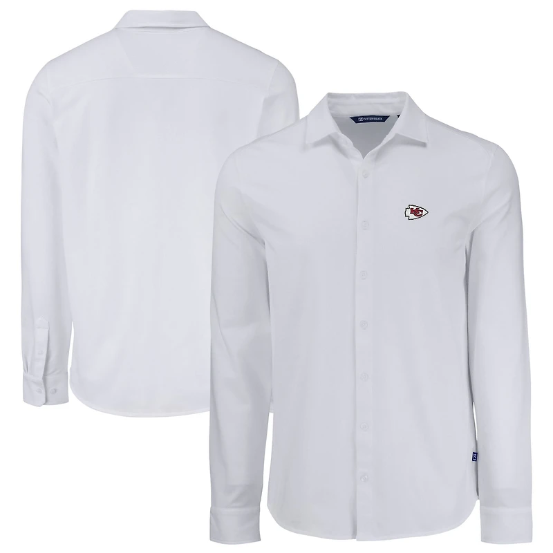 Men's Cutter & Buck White Kansas City Chiefs Knitted Advantage Tri-Blend Eco Soft Pique Long Sleeve Button-Up Shirt