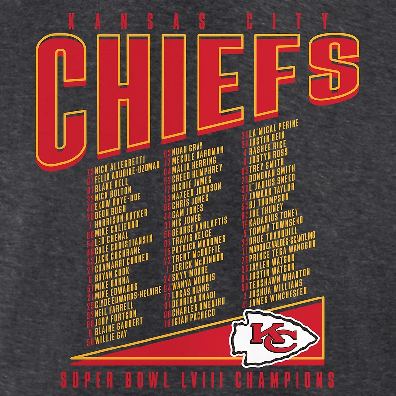 T-shirt Fanatics Heather Charcoal Kansas City Chiefs Super Bowl LVIII Champions Roster pour hommes
