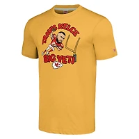 T-shirt à trois mélanges hommage Travis Kelce pour hommes, or chiné, joueur de caricature des Chiefs Kansas City
