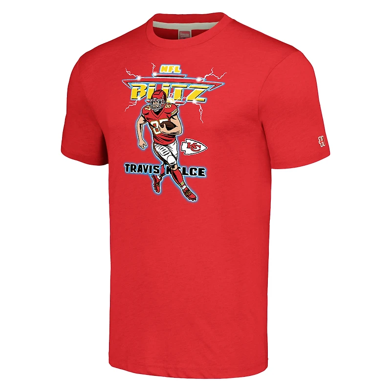 T-shirt à trois mélanges Hommage Travis Kelce Heathered Red Kansas City Chiefs NFL Blitz Player pour hommes