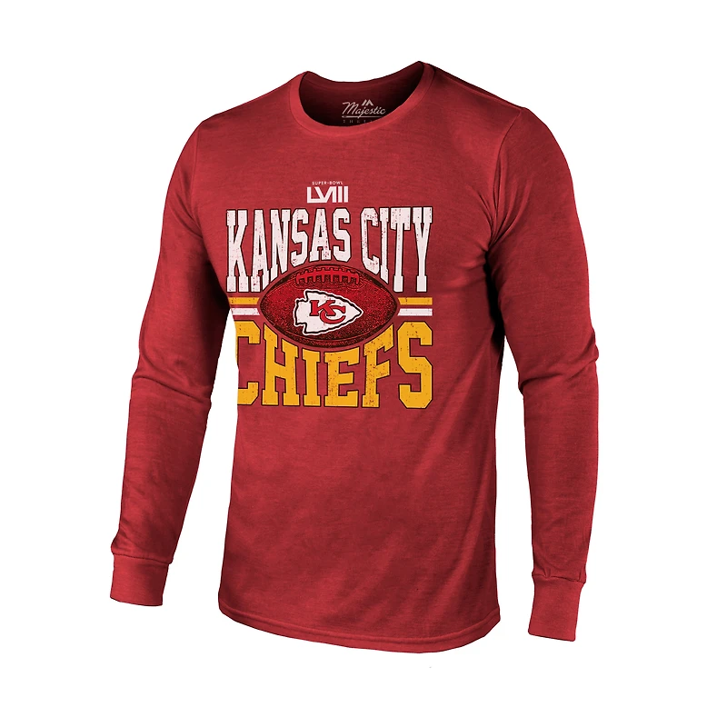 T-shirt rouge à manches longues en trois mélanges Majestic Threads pour hommes des Chiefs de Kansas City Super Bowl LVIII