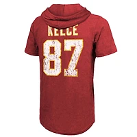 T-shirt à capuche tri-blend rouge Majestic Threads Travis Kelce pour homme, avec nom et numéro du joueur des Kansas City Chiefs