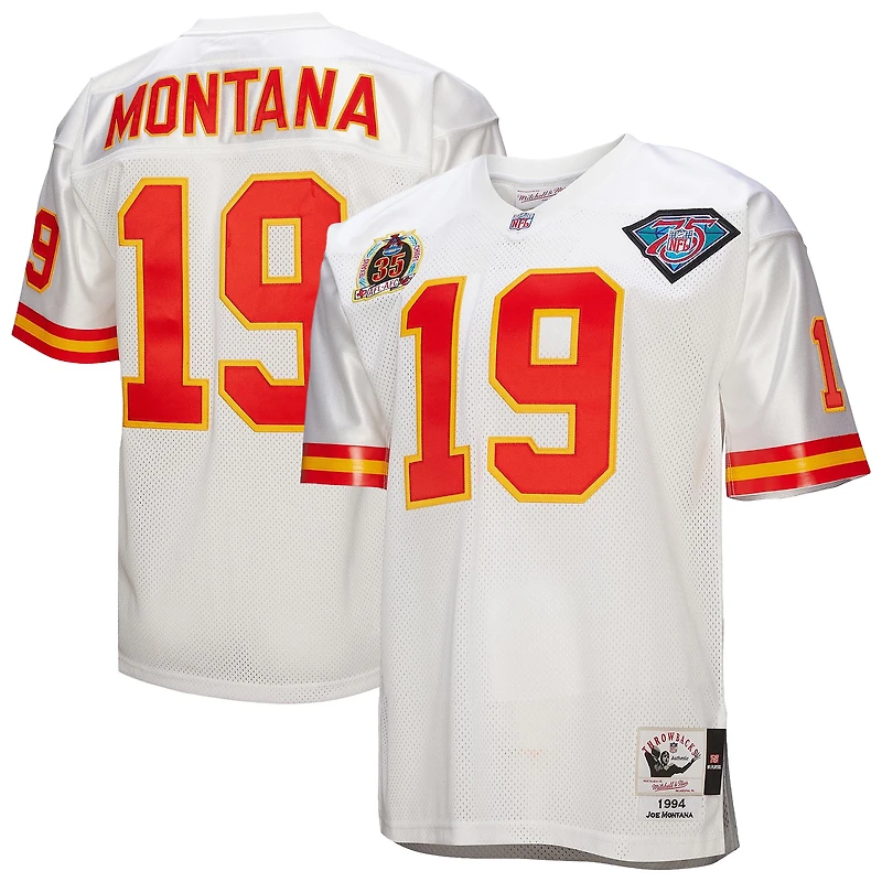 Maillot Mitchell & Ness Joe Montana blanc des Kansas City Chiefs, modèle rétro authentique de joueur retraité 1994, pour homme.