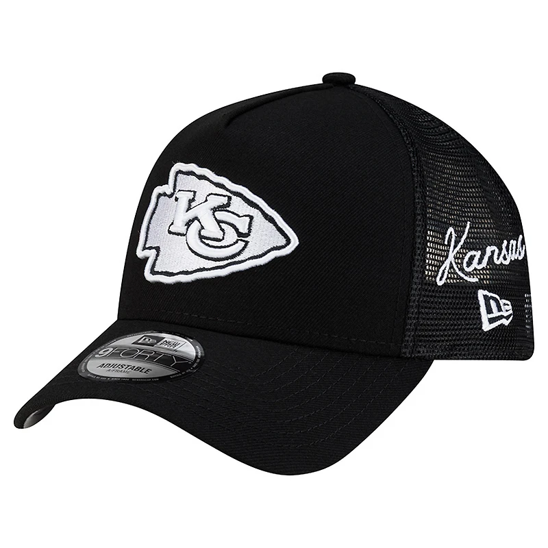 Men's New Era Black Kansas City Chiefs City Script 9FORTY A-Frame Adjustable Hat