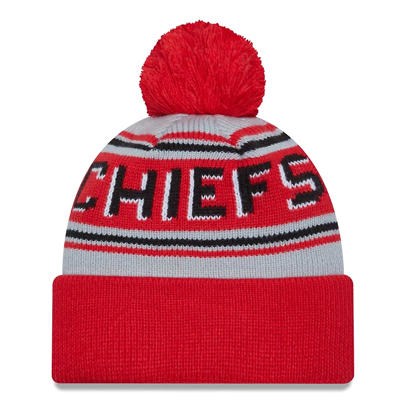 Bonnet en tricot à revers principal pour hommes New Era rouge des Kansas City Chiefs avec pompon