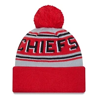 Bonnet en tricot à revers principal pour hommes New Era rouge des Kansas City Chiefs avec pompon