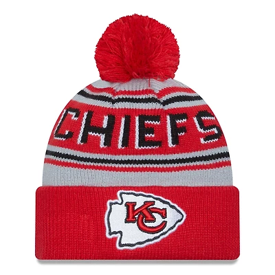 Bonnet en tricot à revers principal pour hommes New Era rouge des Kansas City Chiefs avec pompon
