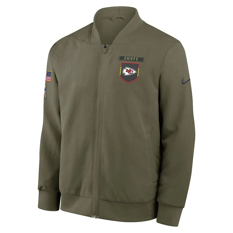 Veste aviateur Nike Olive Kansas City Chiefs 2025 Salute to Service Sideline à fermeture éclair intégrale pour homme