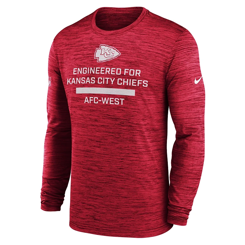 T-shirt Nike rouge à manches longues Sideline Velocity Performance pour homme des Kansas City Chiefs
